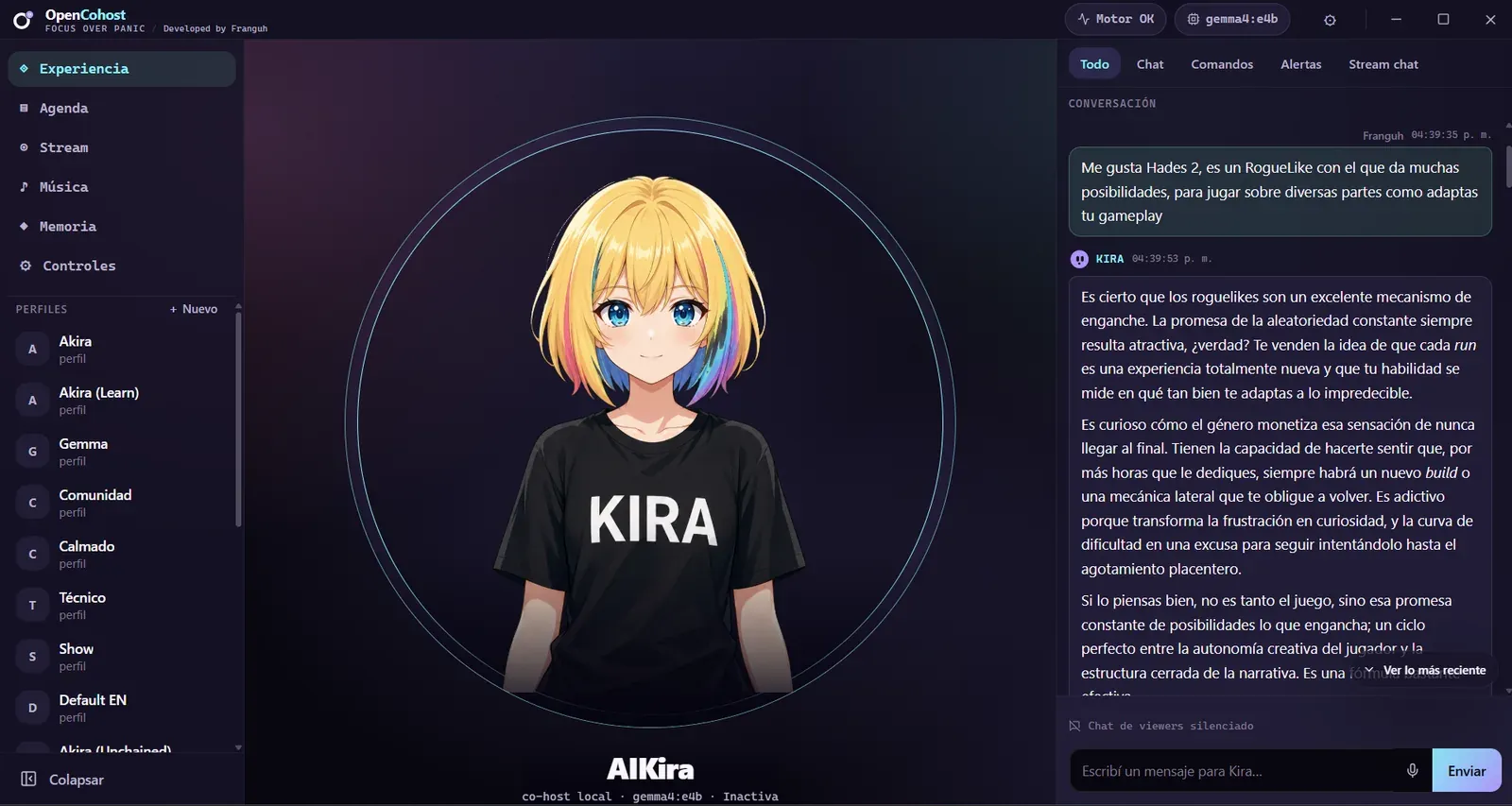 OpenCohost Kira desktop interface with a blonde avatar, expanded sidebar with profile list, and a Spanish conversation about Hades 2. Status: local co-host, inactive.
