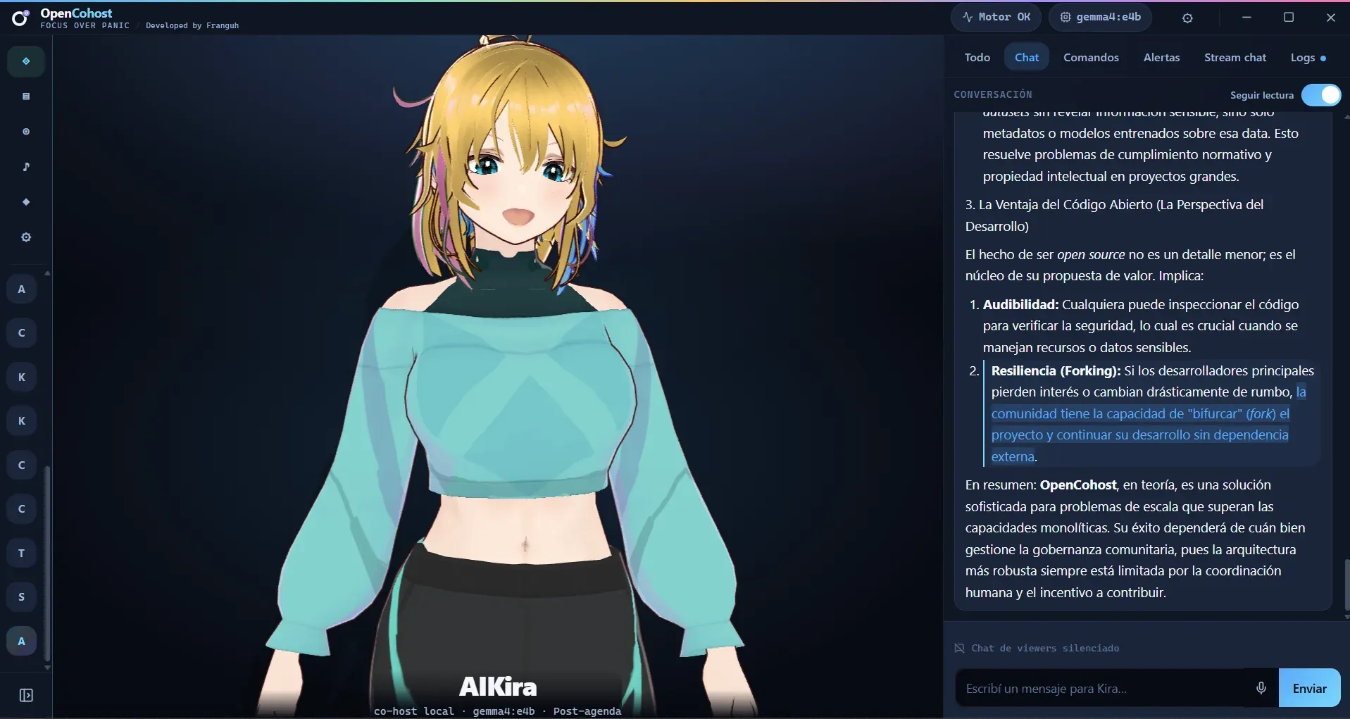OpenCohost Kira desktop interface showing a blonde VRM avatar named AlKira, with an active chat panel and a live conversation. Status bar shows local gemma model running.