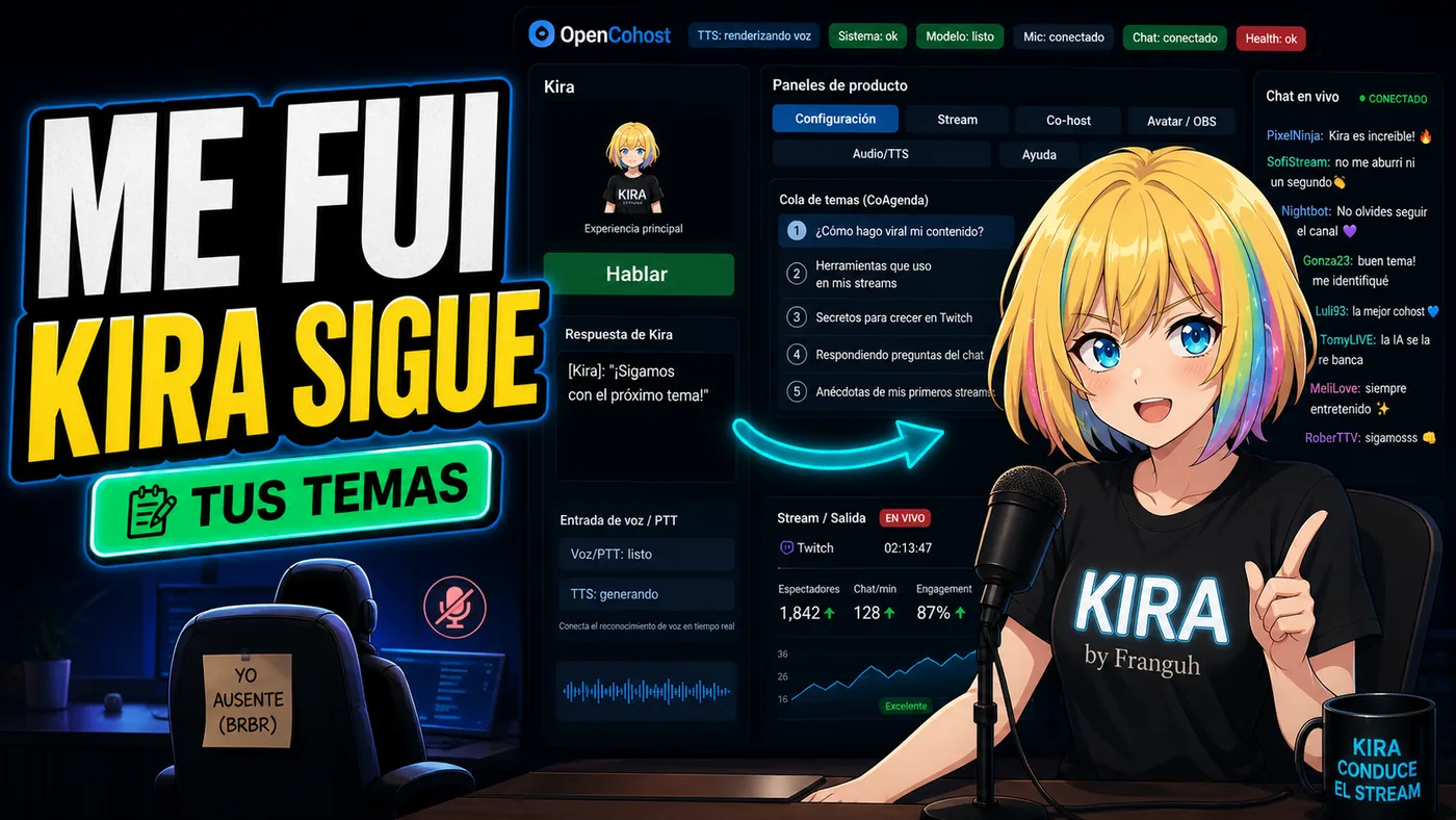 OpenCohost Kira thumbnail showing Kira continuing stream topics while the streamer is away.