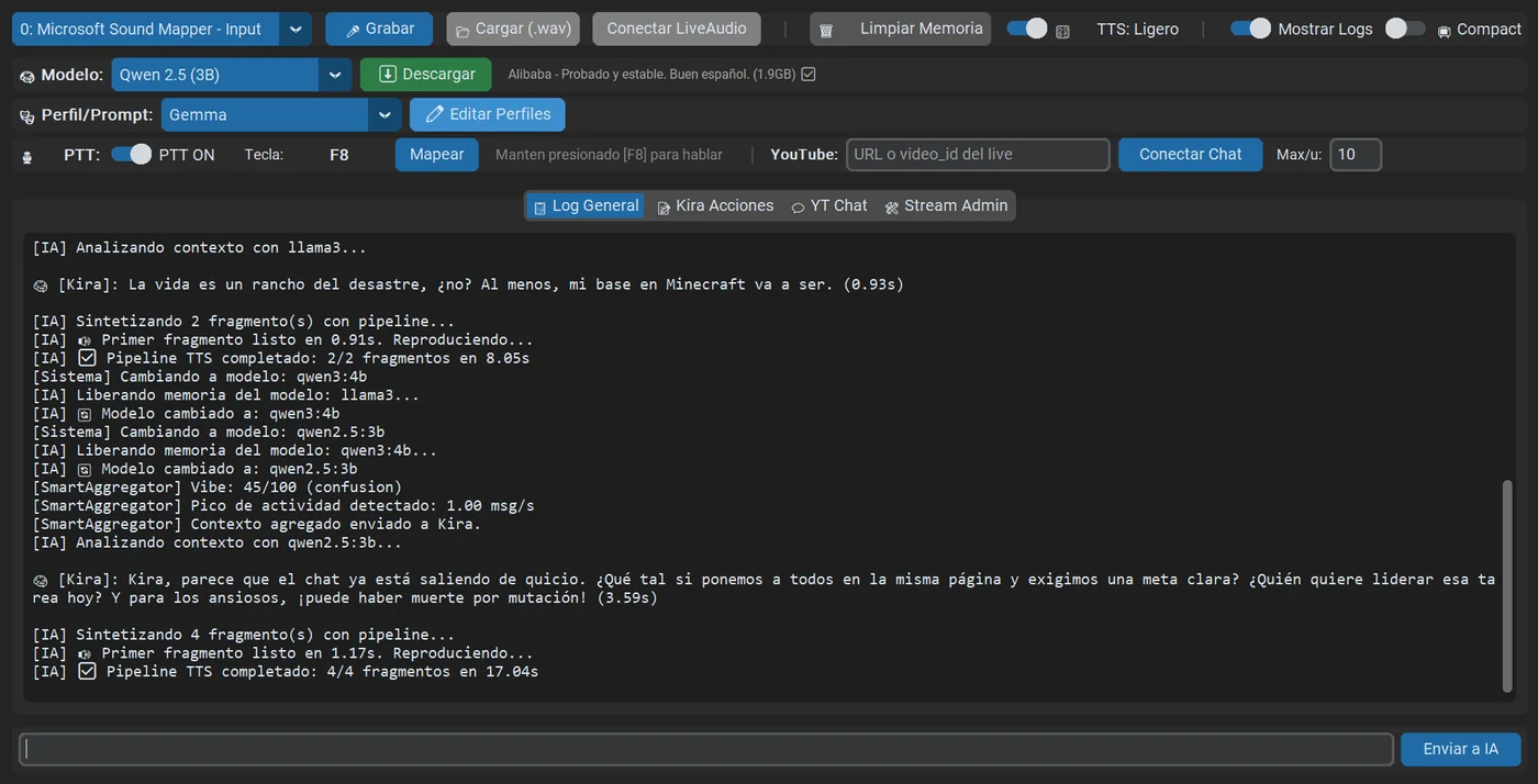 OpenCohost Kira compact interface screenshot with live chat and TTS logs.