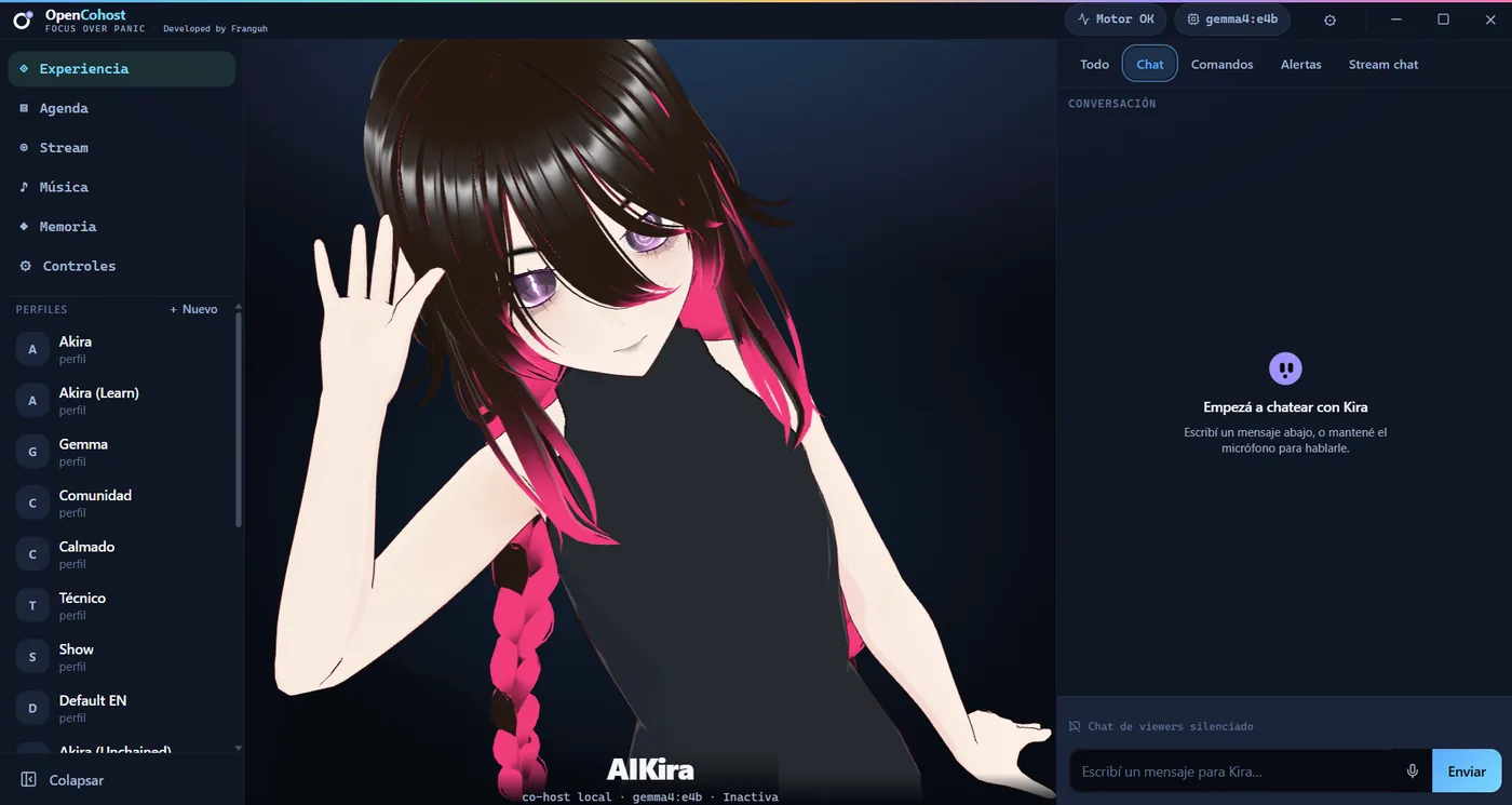 OpenCohost Kira interface showing a VRM-style avatar with profile list and empty chat panel.